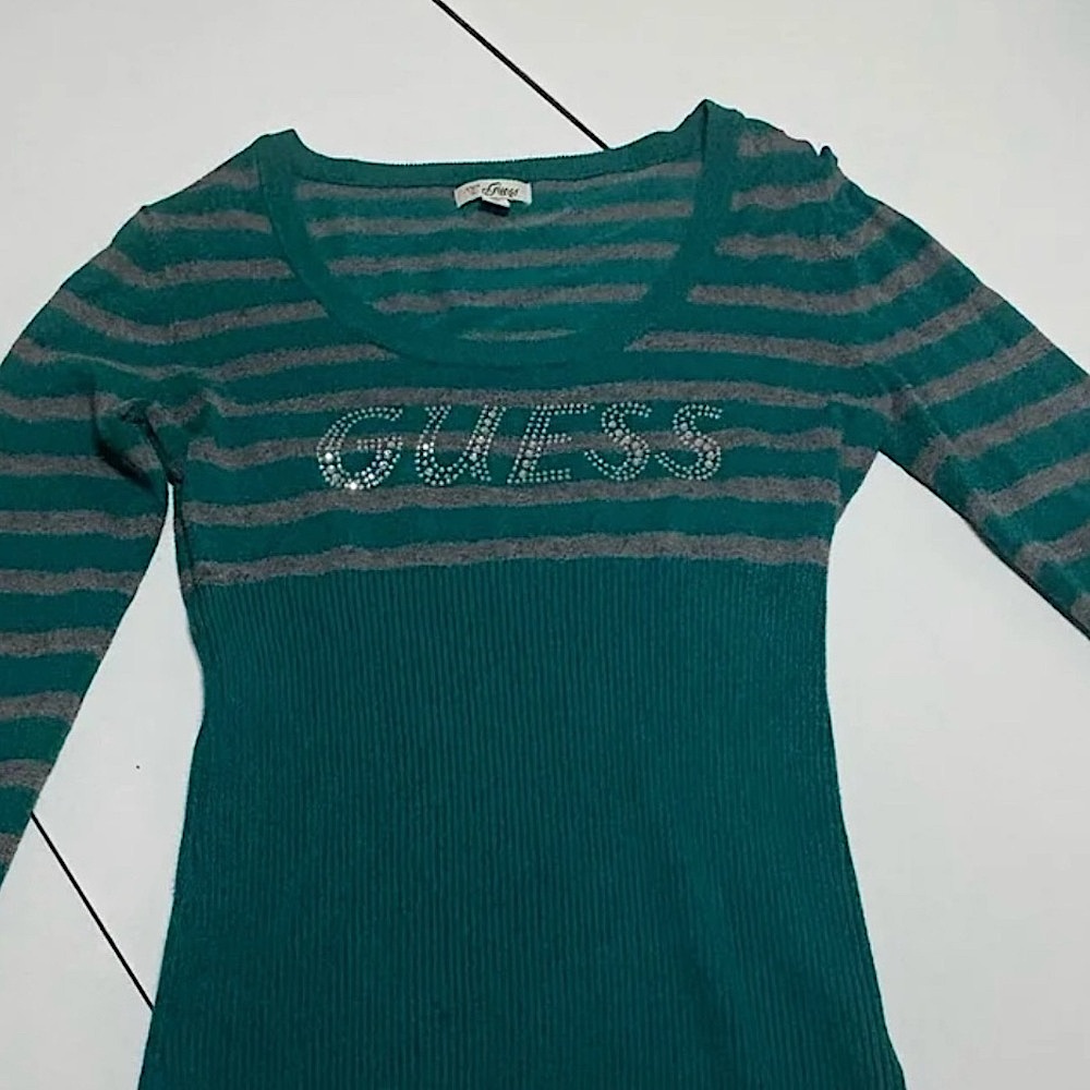 GUESS Ribbed Knit Long Sleeve Sweater Rhinestone Logo Green and Gray Striped Top